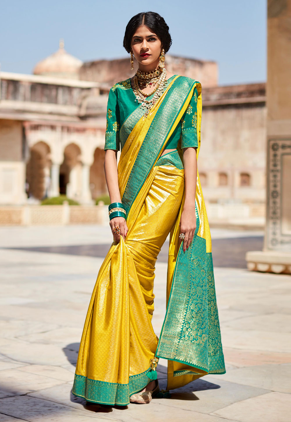 Silk Saree With Blouse In Yellow Colour 1458