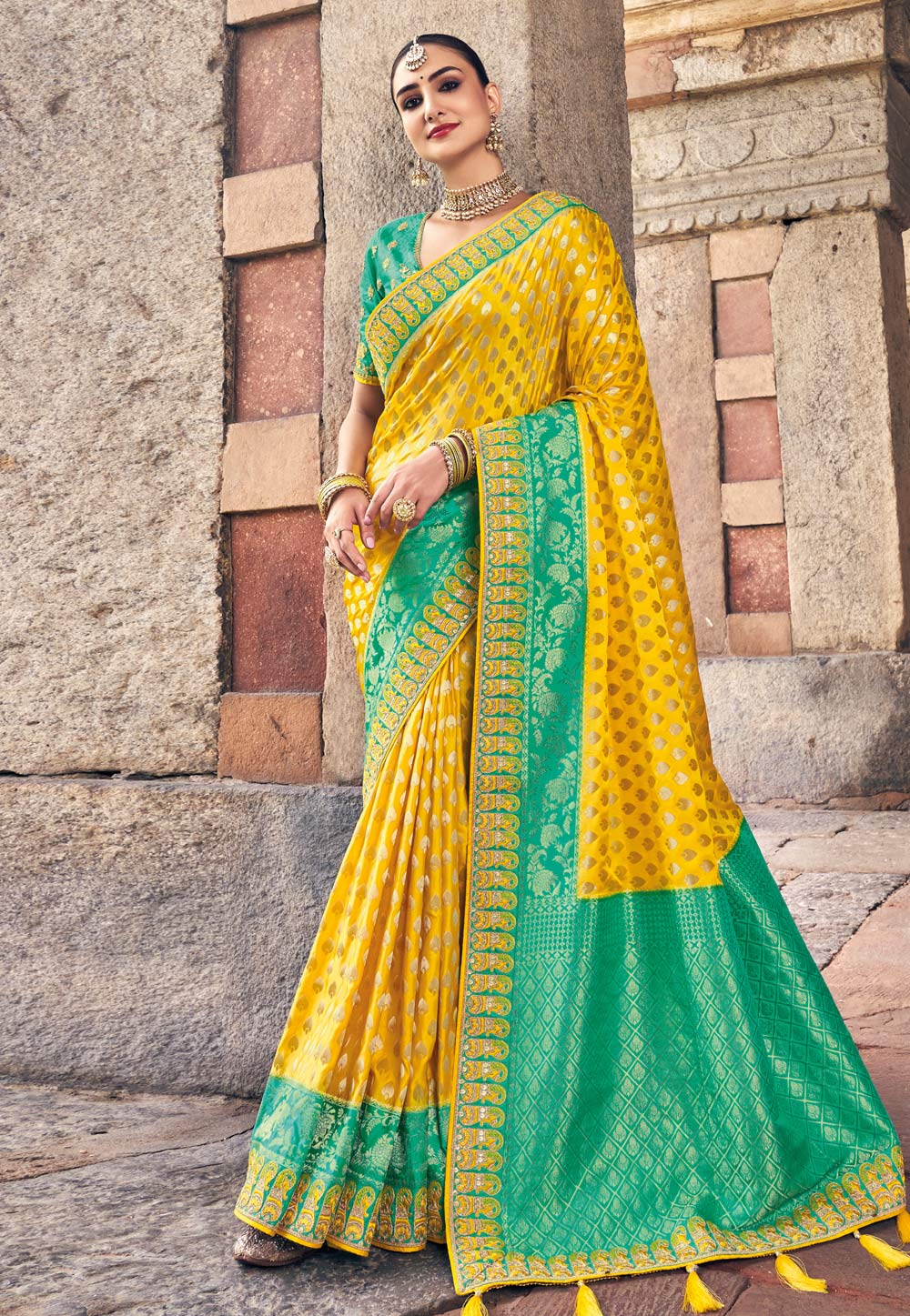 13 Best Contrast Blouse Ideas To Try With Yellow Saree • Keep Me Stylish