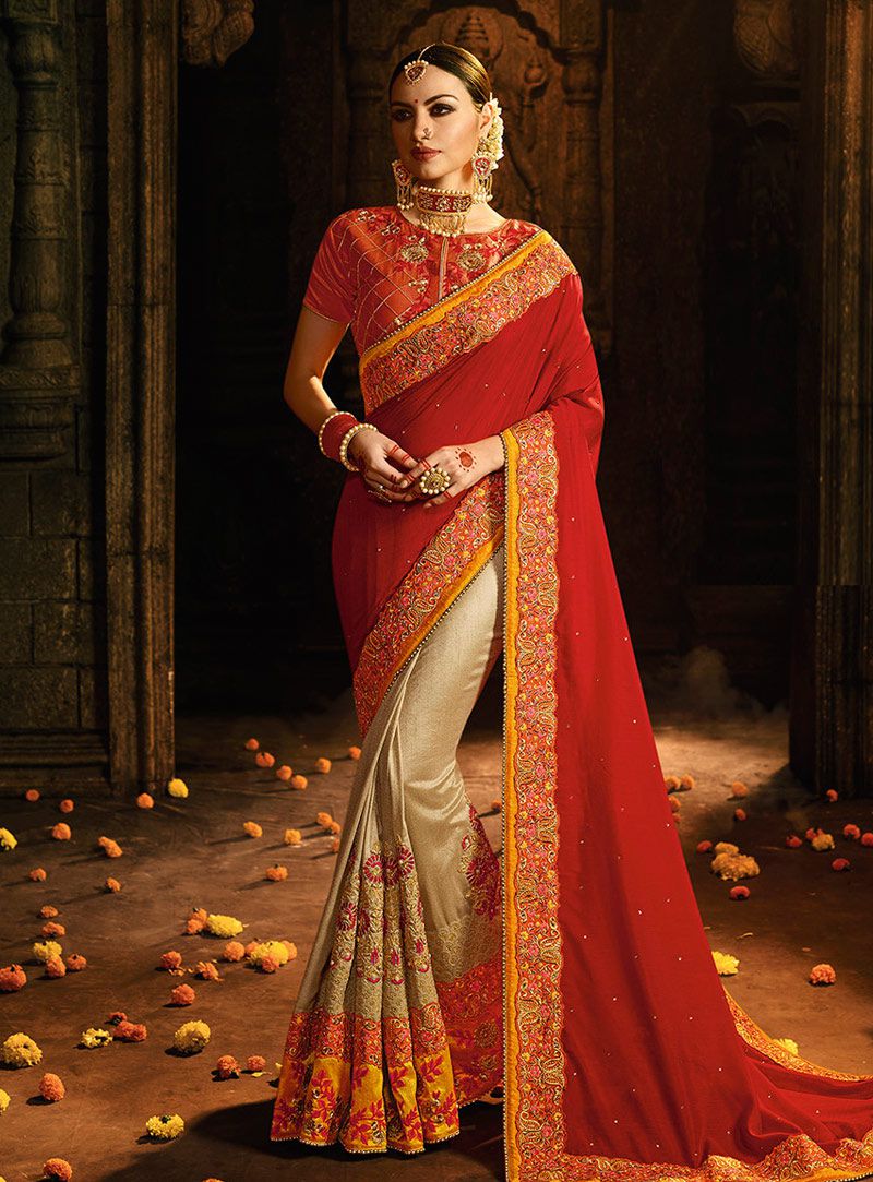 Buy Red and off white Barfi silk designer party wear saree in UK, USA ...