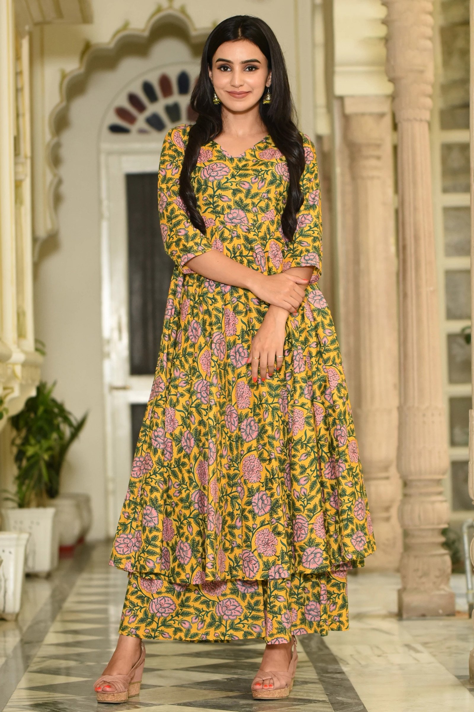 Buy Yellow Pink Printed Cotton Kurta with Palazzo- Set of 2 |  KAAS48JAN107/KP/Yellow/KAAS48JAN | The loom