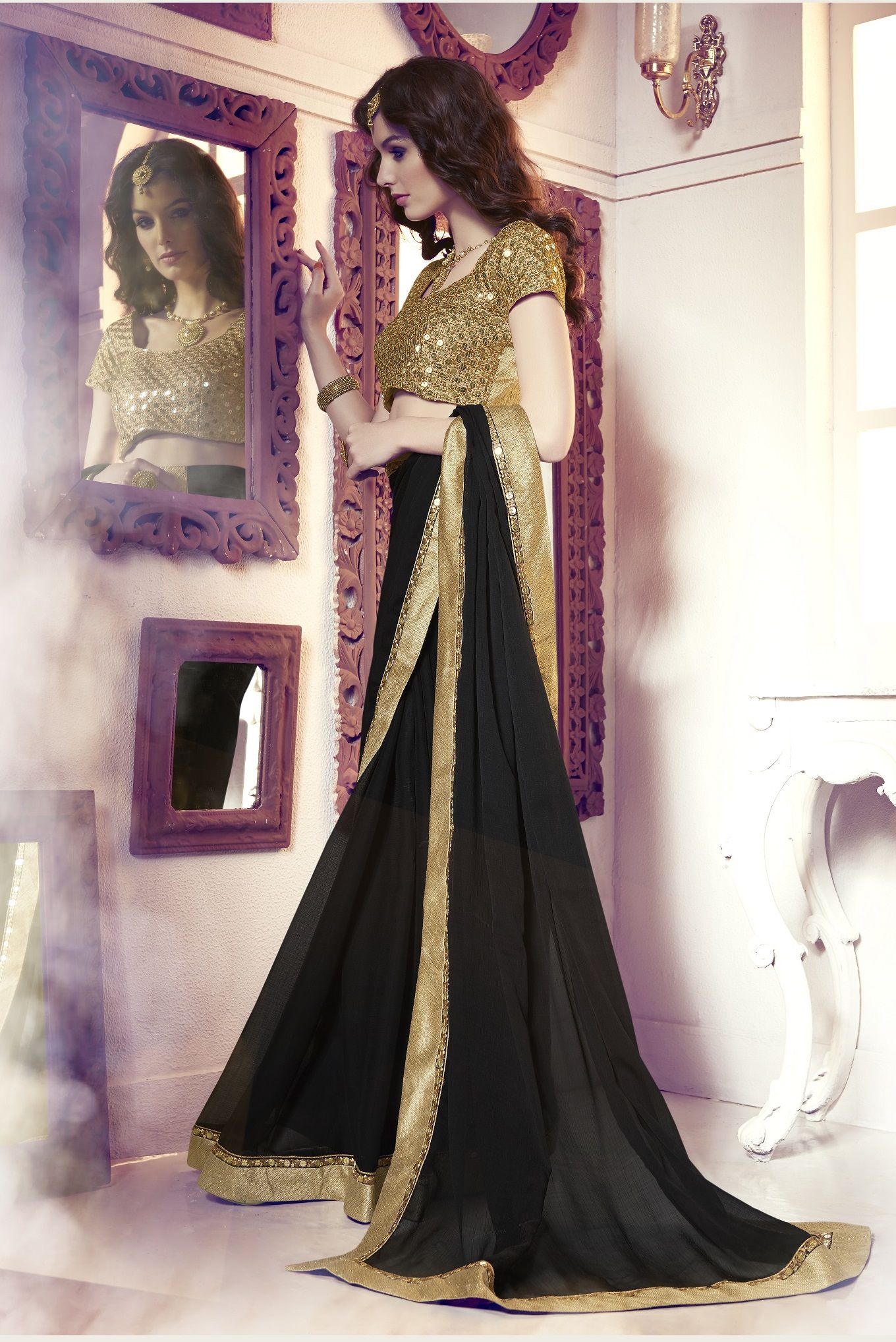 One Color Metallic Peril Gold Paint For Black Saree  Black Saree For  Metallic Peril Gold Paint 