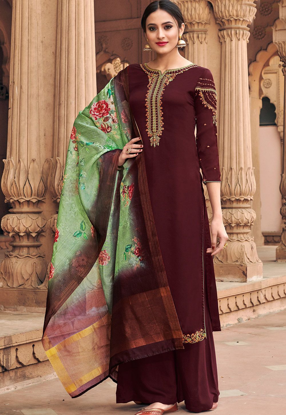 brown georgette satin palazzo style suit 6605