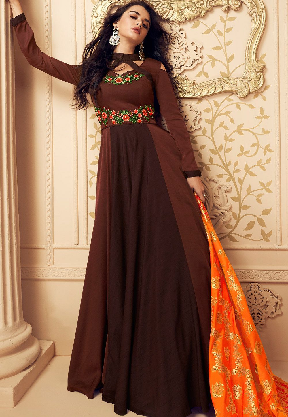 Light Brown Faux Georgette Anarkali Style Long Gown