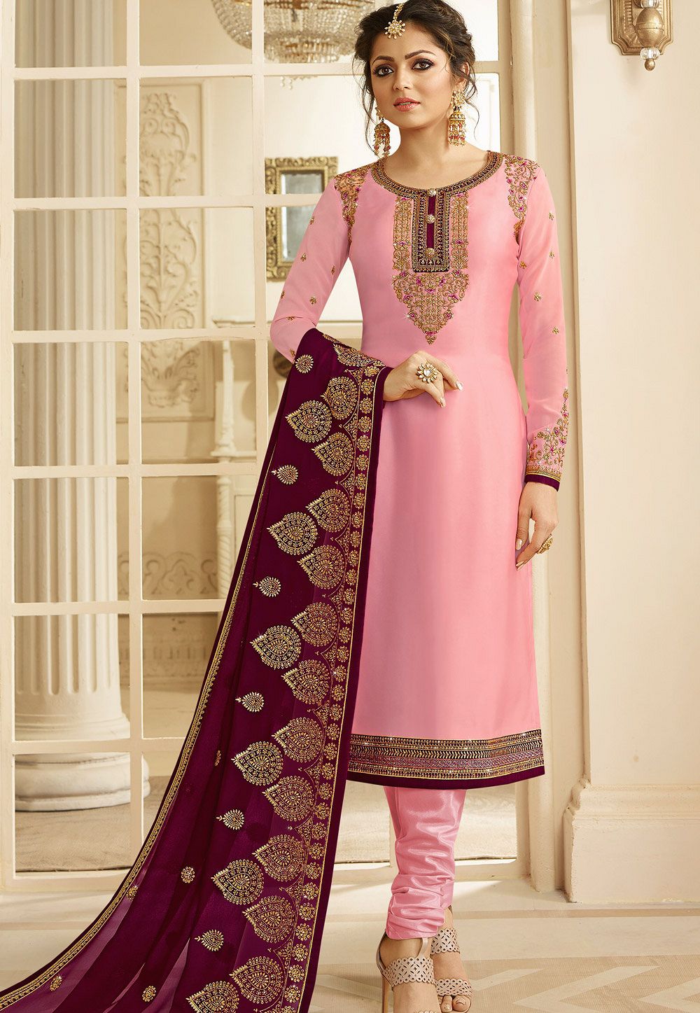 drashti dhami pink satin georgette embroidered churidar suit 3203