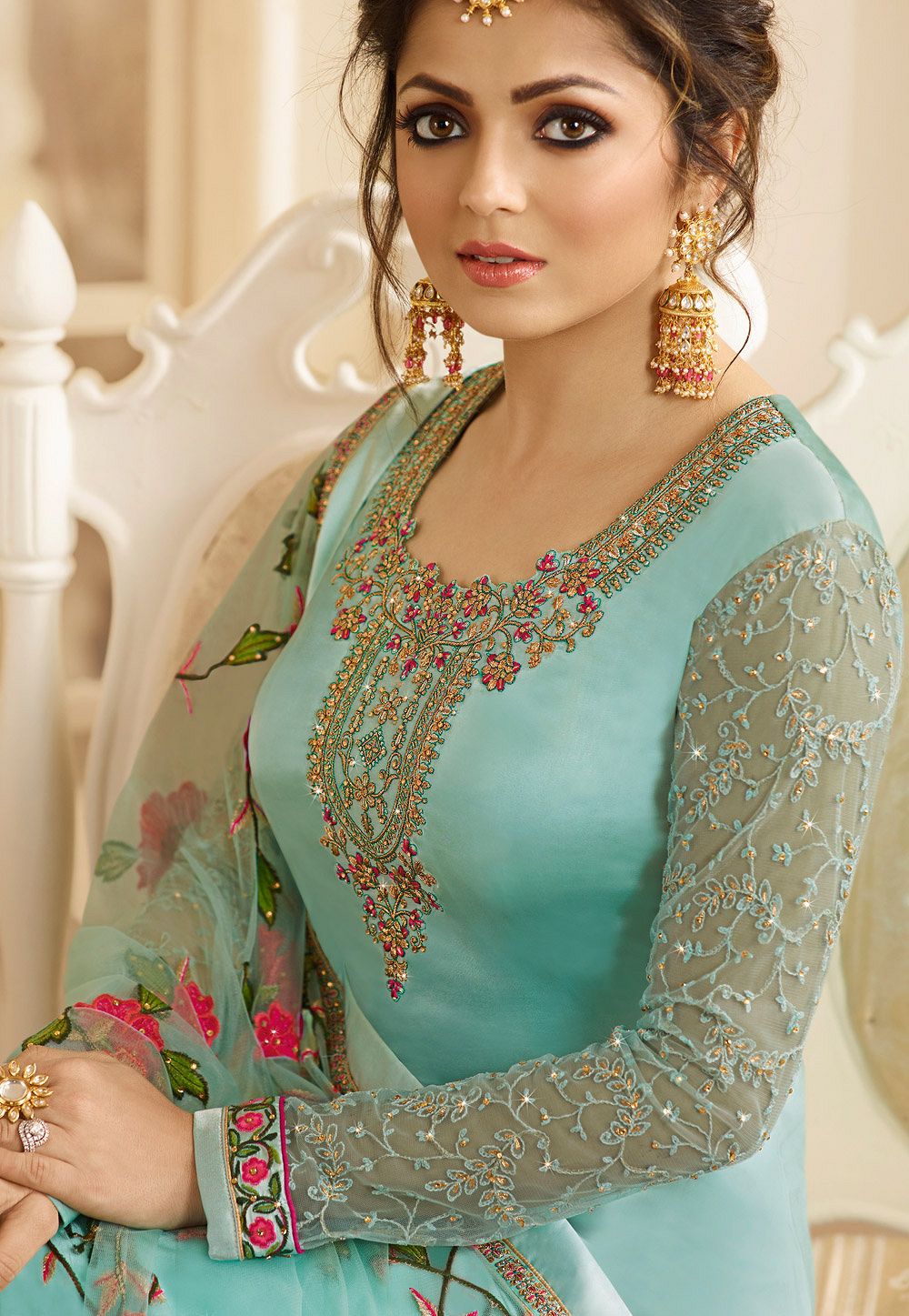 drashti dhami sky blue satin georgette embroidered churidar suit 3201 drashti dhami sky blue satin georgette embroidered churidar suit 3201