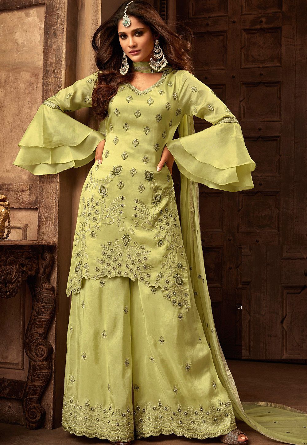 Green Georgette Satin Heavy Embroidered Sharara Style Pakistani Suit 29004 