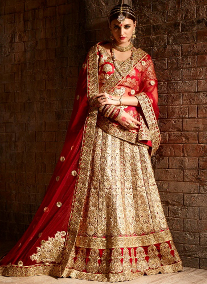 Cream and red net bridal lehenga choli 