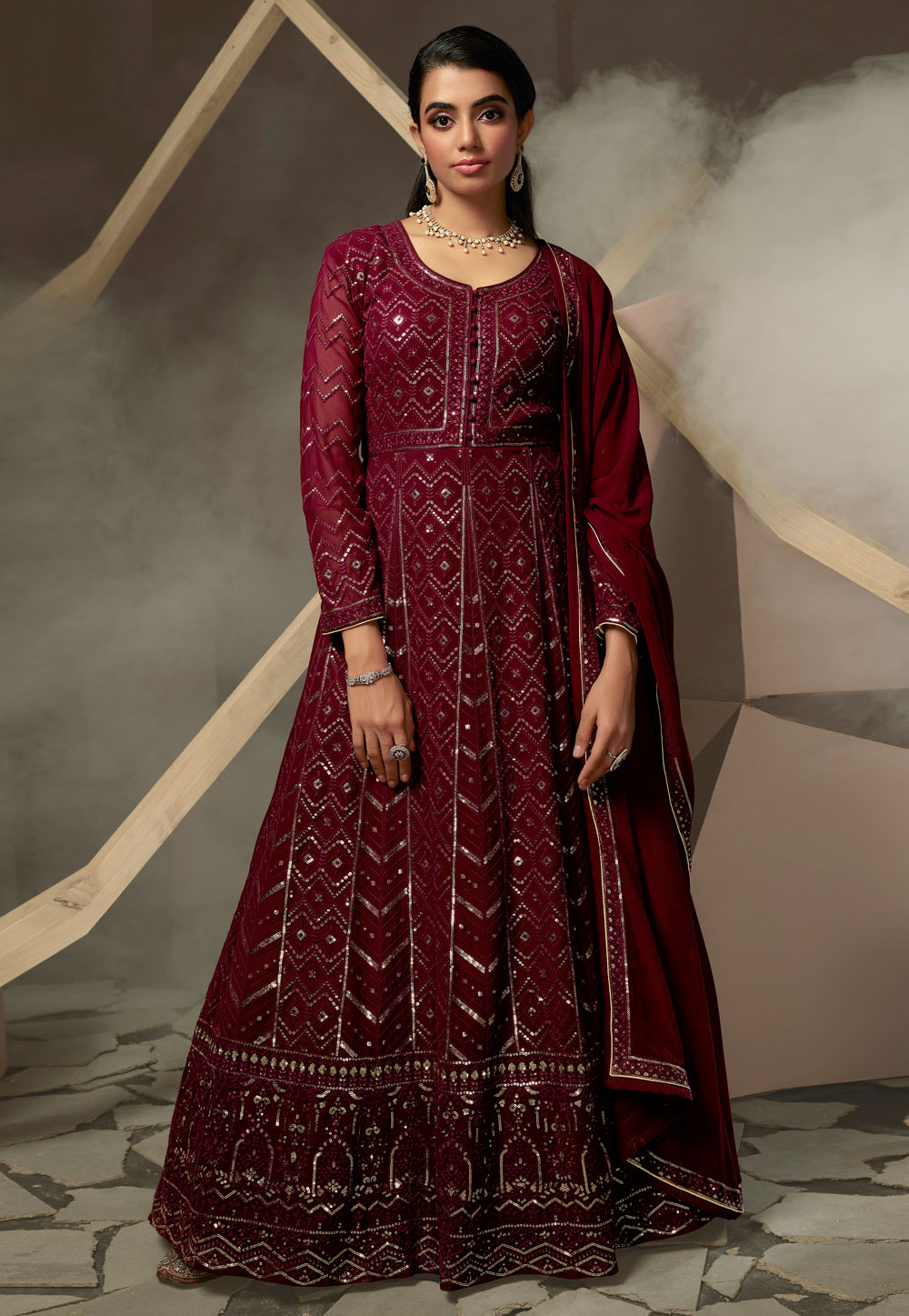 Maroon Partywear Embroidered Georgette Anarkali Suit