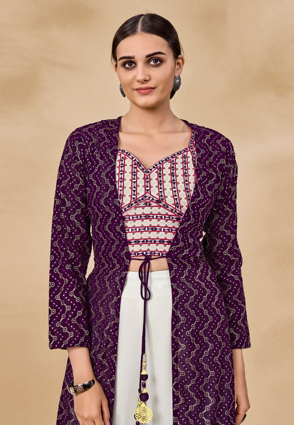 Purple georgette readymade jacket style suit 27003