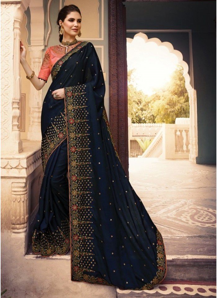 Peach and navy blue saree outlet