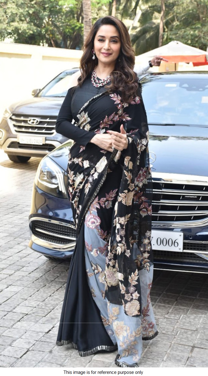 Buy Bollywood madhuri Dixit inspired black georgette saree in UK, USA and Canada