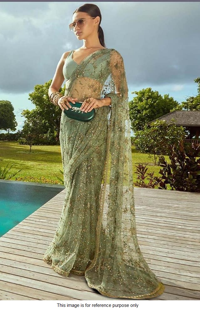 Buy Bollywood Sabyasachi Inspired Mint green Net Saree in UK, USA and Canada