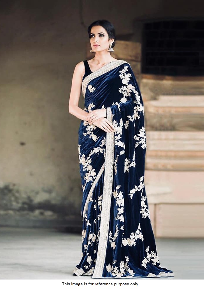Buy Bollywood model Navy blue viscose velvet embroidery saree in UK, USA and Canada