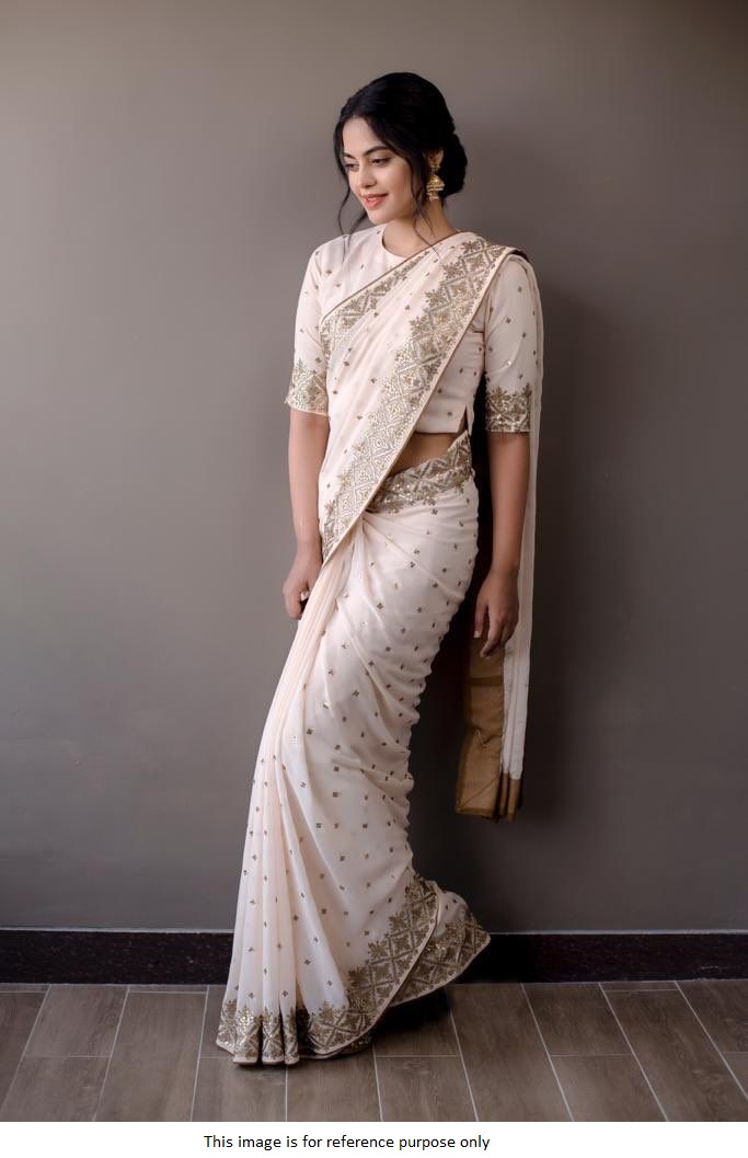 Buy Kollywood Bindu Madhvi Inspired Offwhite georgette saree in UK, USA and Canada