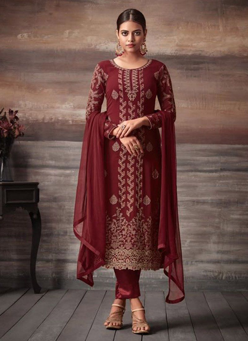 Maroon color georgette straight cut salwar kameez 48001