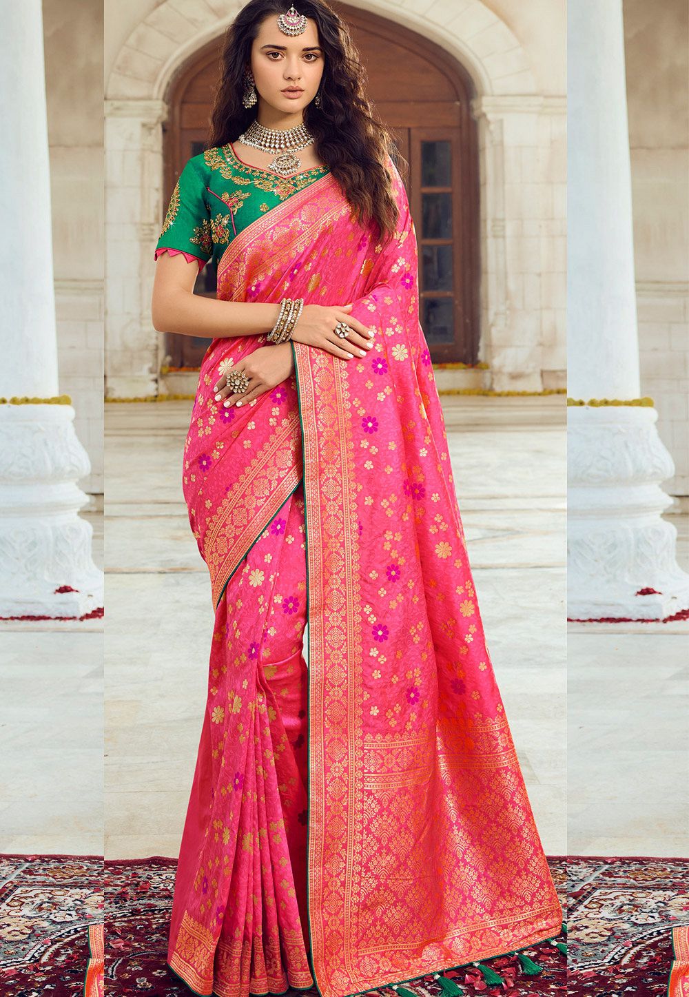 bright pink green art silk traditional saree 10039