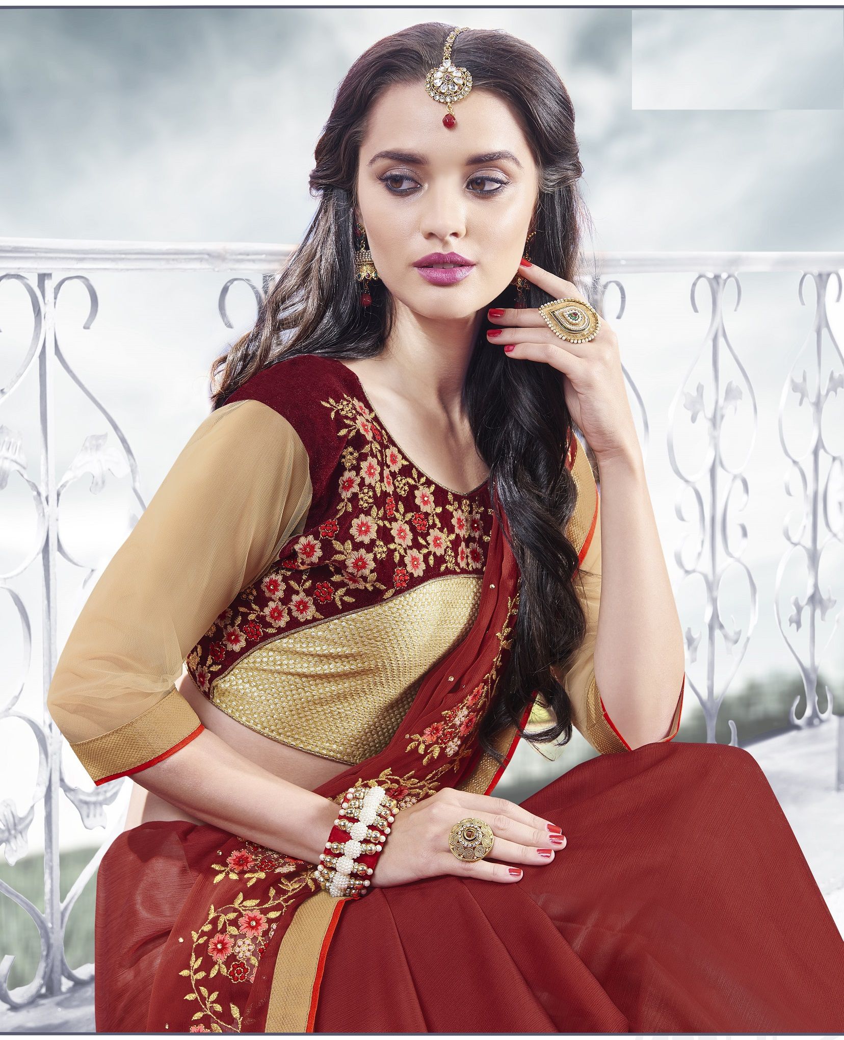 Partywearmaroonbeigecolorsaree