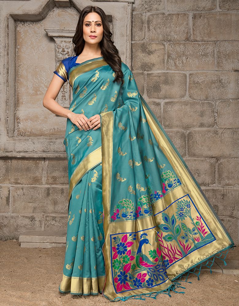 Mayil Weaved Peacock Motif Blue Saree