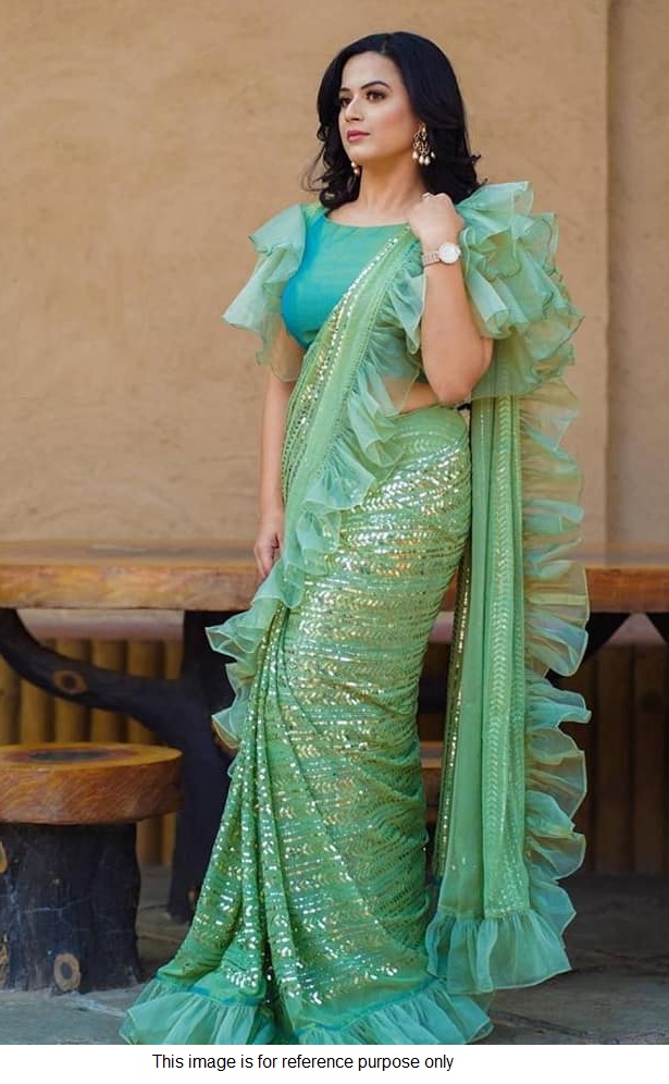 Buy Bollywood model Green georgette sequins saree in UK, USA and Canada