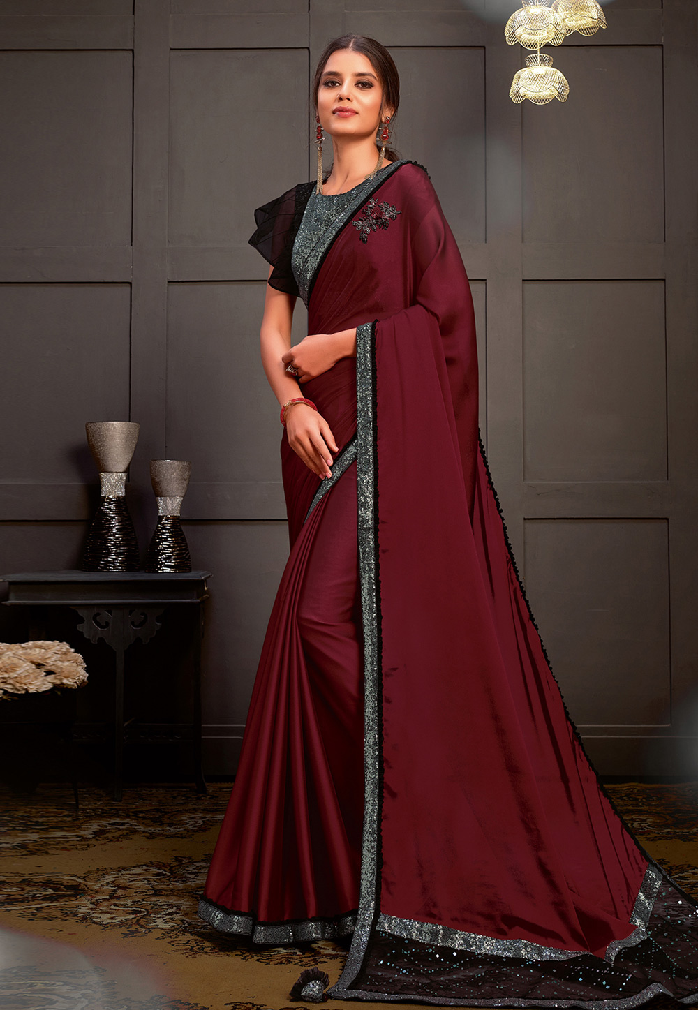 Maroon Maroon Saree Gown by Nidhika Shekhar for rent online | FLYROBE