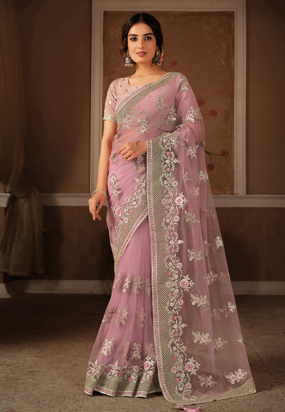 Pink net party wear saree 21304