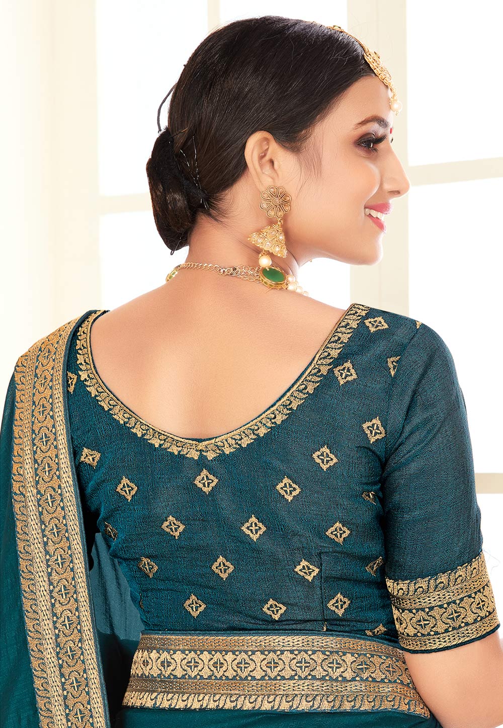 Teal silk saree with blouse 1708