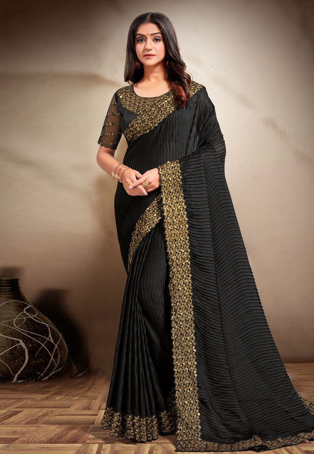 ShreeJi ETP Belt Style Satin Silk Black Saree With Blouse