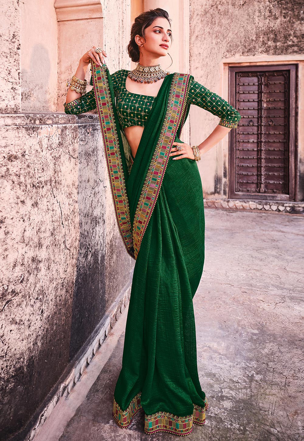 Buy Green Organza Saree Online in USA with Designer Kalamkari Blouse – Pure  Elegance