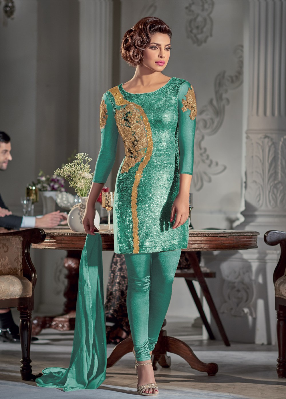 Gorgeous Priyanka Chopra Sea Green Georgette Straight Cut Salwar Kameez In Uk Usa And Canada
