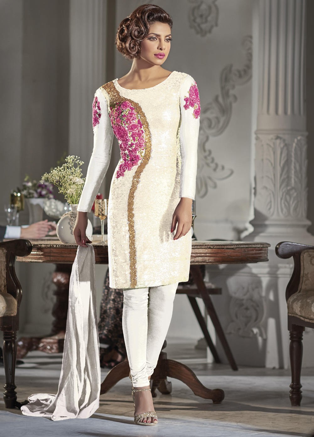 Gorgeous Priyanka Chopra White Color Georgette Straight Cut Salwar Kameez In Uk Usa And Canada