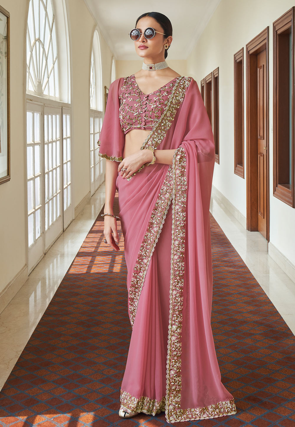 Pink georgette party wear saree 7404