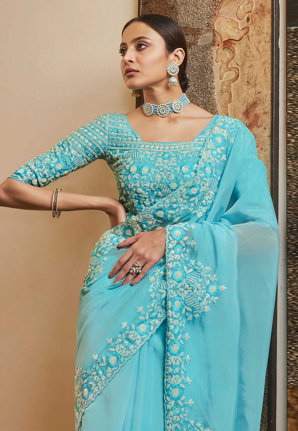 Sky blue organza saree with blouse 7401