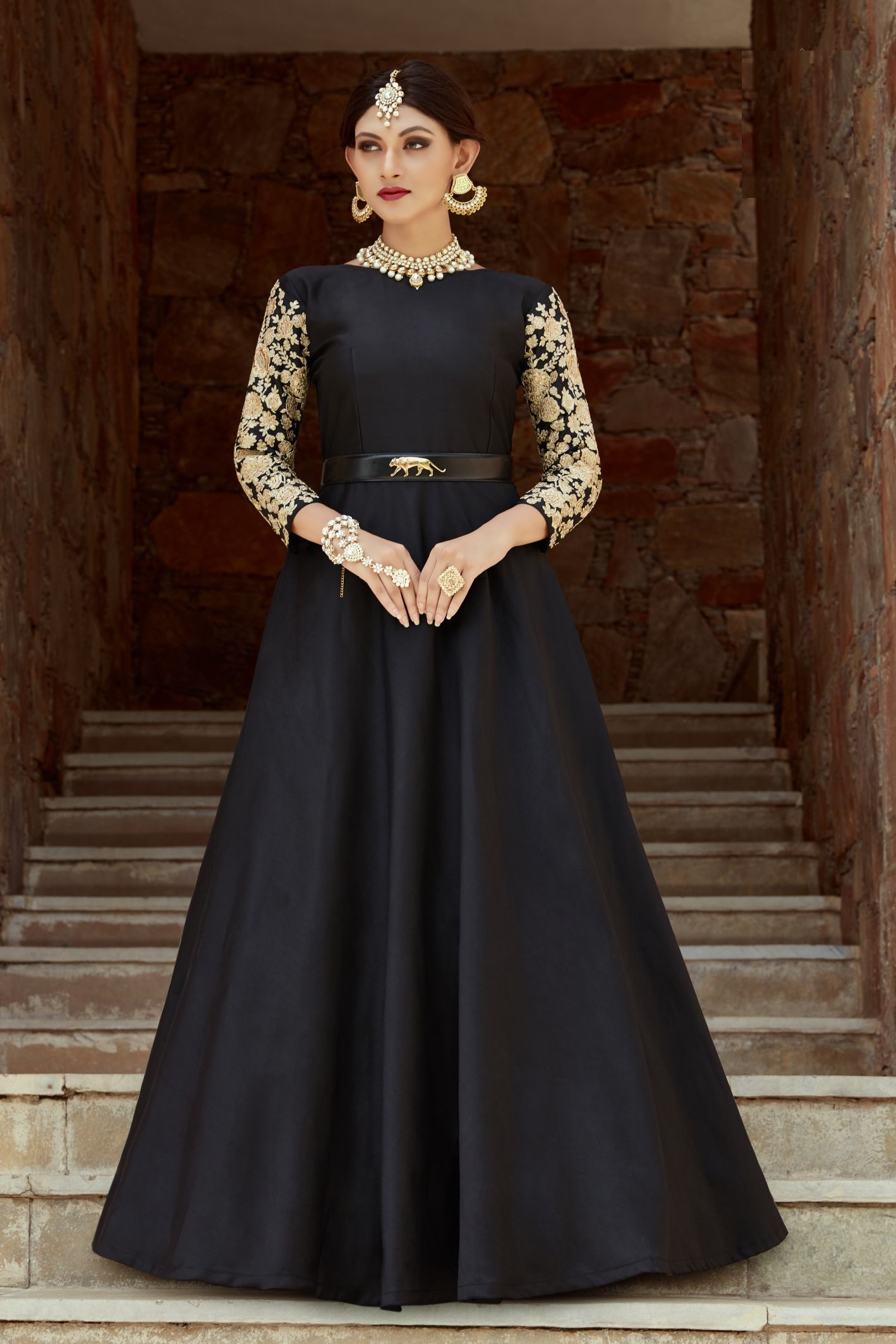 Black Embroidered Readymade Indowestern Gown Latest 211GW04