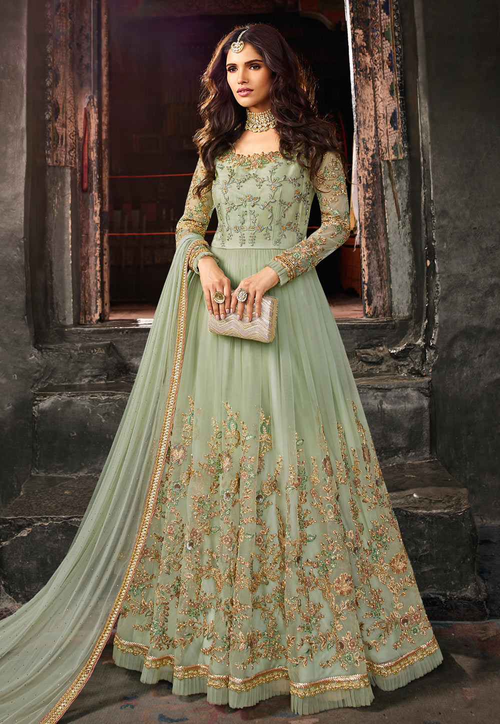 Light green net embroidered floor length anarkali suit 5401