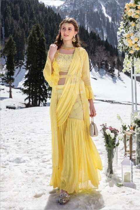 Haldi Partywear Yellow Indo Western Lehenga Jacket Set | Designer Suit