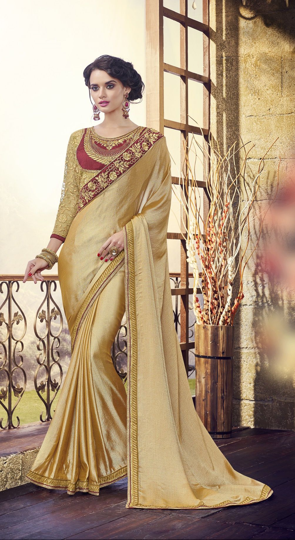 golden colour party wear saree