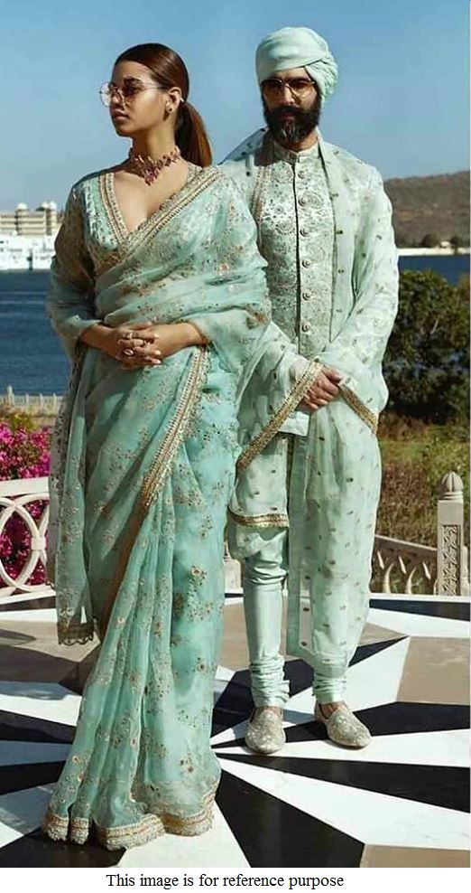 Buy Bollywood Sabyasachi Inspired Turquoise Organza saree in UK, USA and Canada