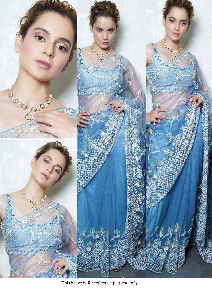 Buy Bollywood Kangana Ranautt blue net saree in UK, USA and Canada
