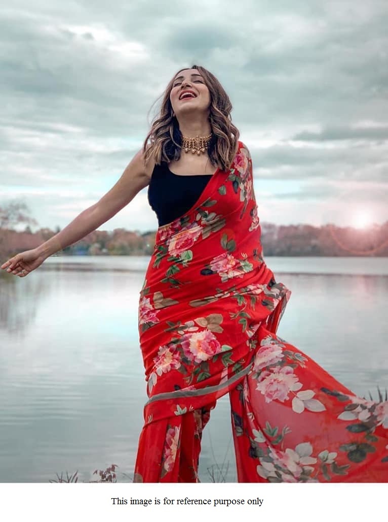 Buy Bollywood model red floral digital print saree in UK, USA and Canada