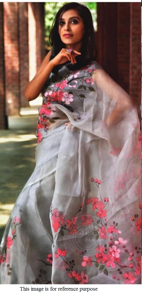 Buy Bollywood model Grey and black pure organza digital print saree in UK, USA and Canada