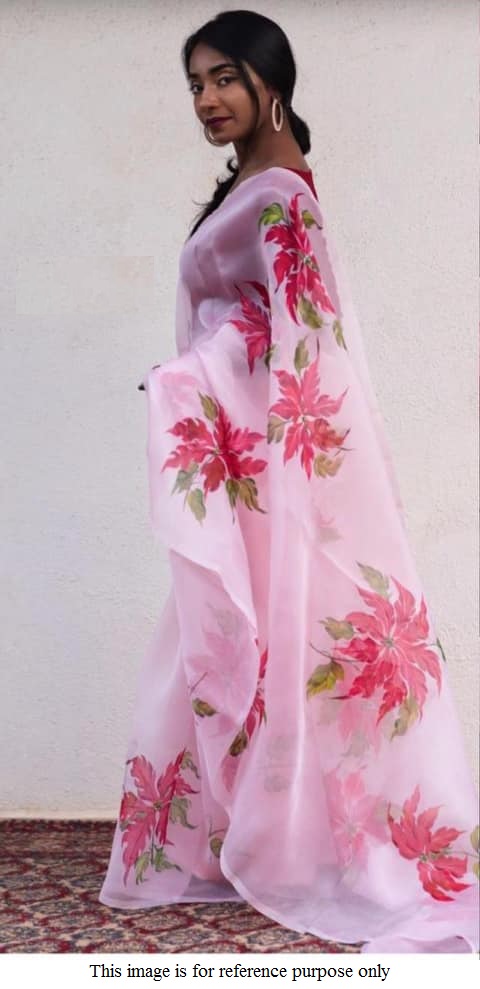 Buy Bollywood model rose pink and red pure organza digital print saree in UK, USA and Canada