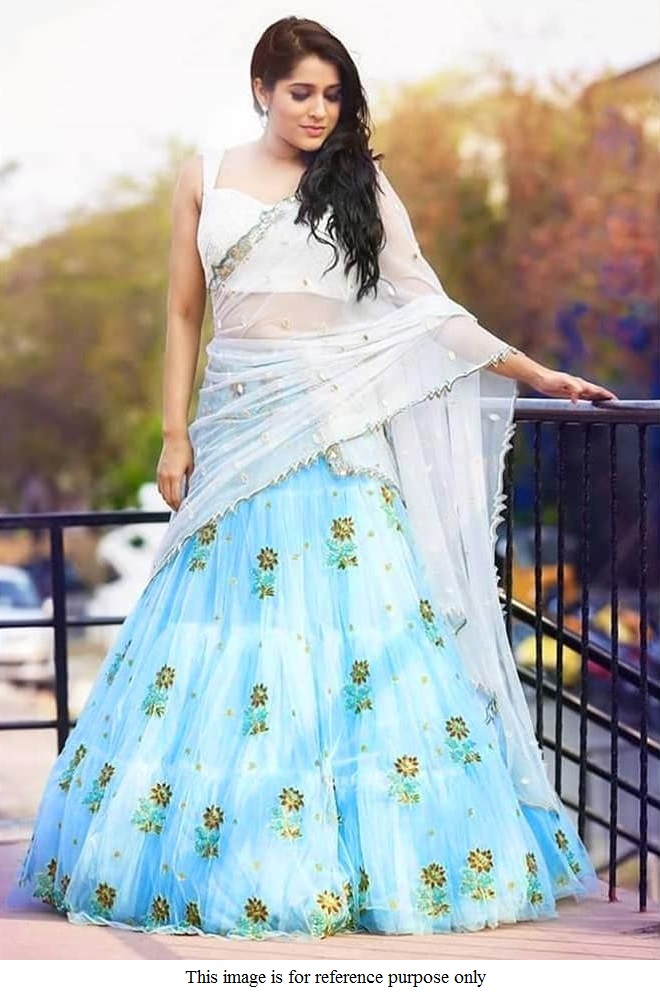 Buy Bollywood model inspired sky blue net lehenga choli in UK USA and Canada