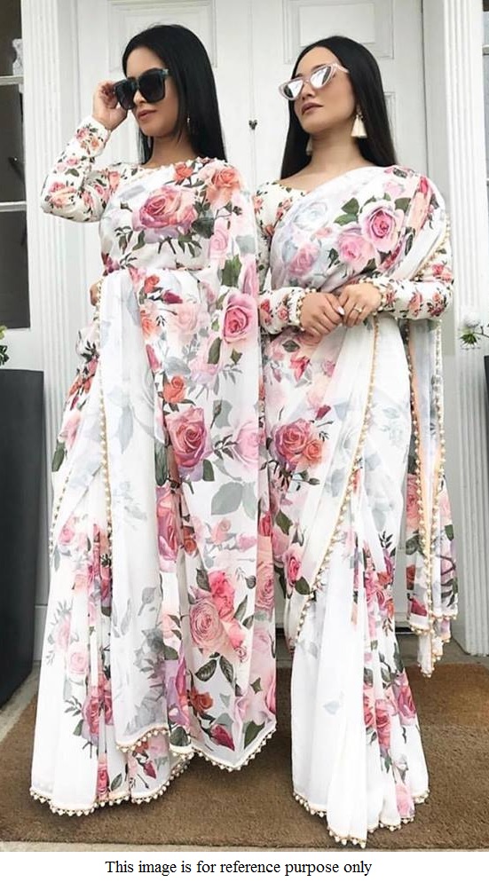 Buy Bollywood Model Inspired white floral georgette saree n UK, USA and Canada