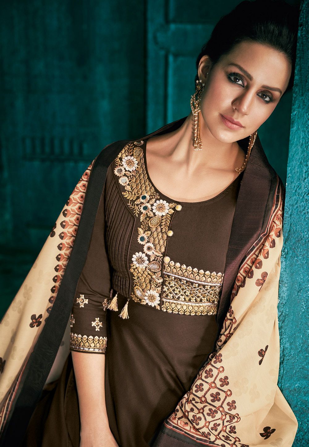 dark brown muslin long embroidered palazzo style suit 724