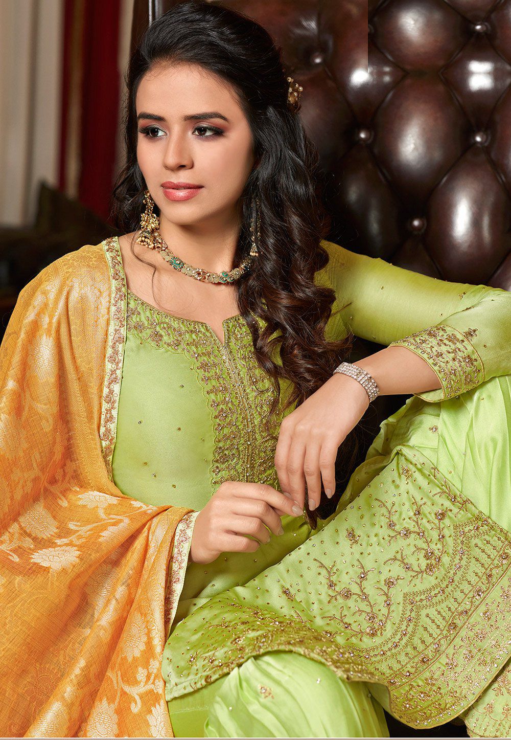 Green Designer Satin Georgette Embroidered Sharara Style Pakistani Suit 4516 