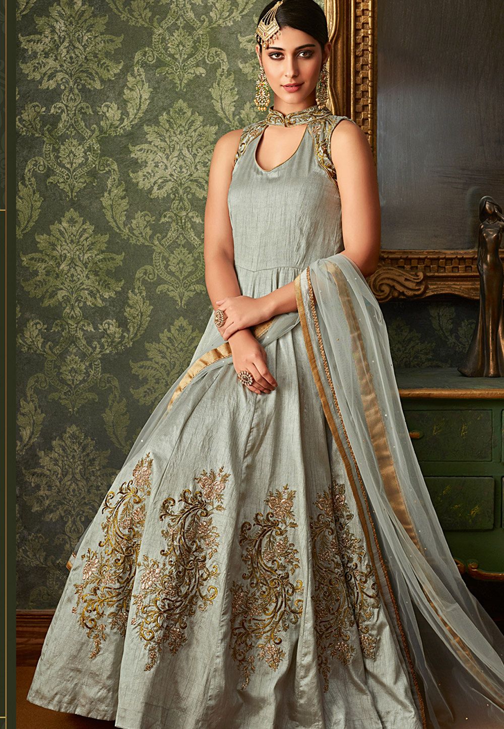 grey shade silk net long embroidered jacket style anarkali suit 7105
