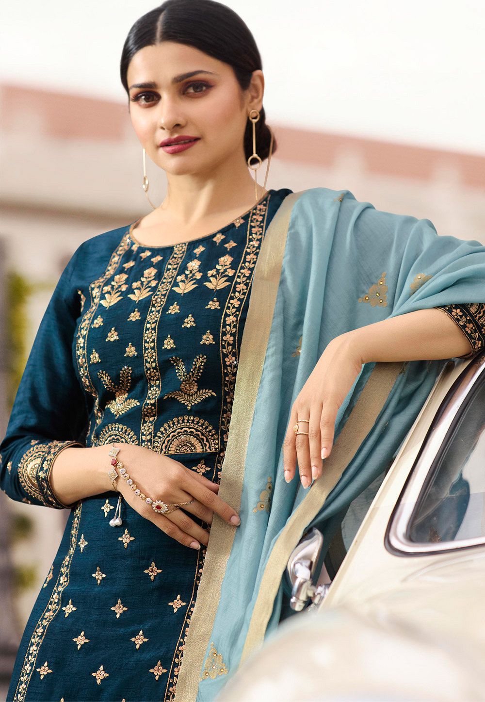 prachi desai blue silk embroidered trouser style suit 36243