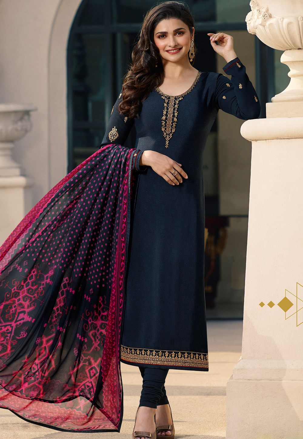 prachi desai dark blue crepe straight churidar bollywood suit 9963