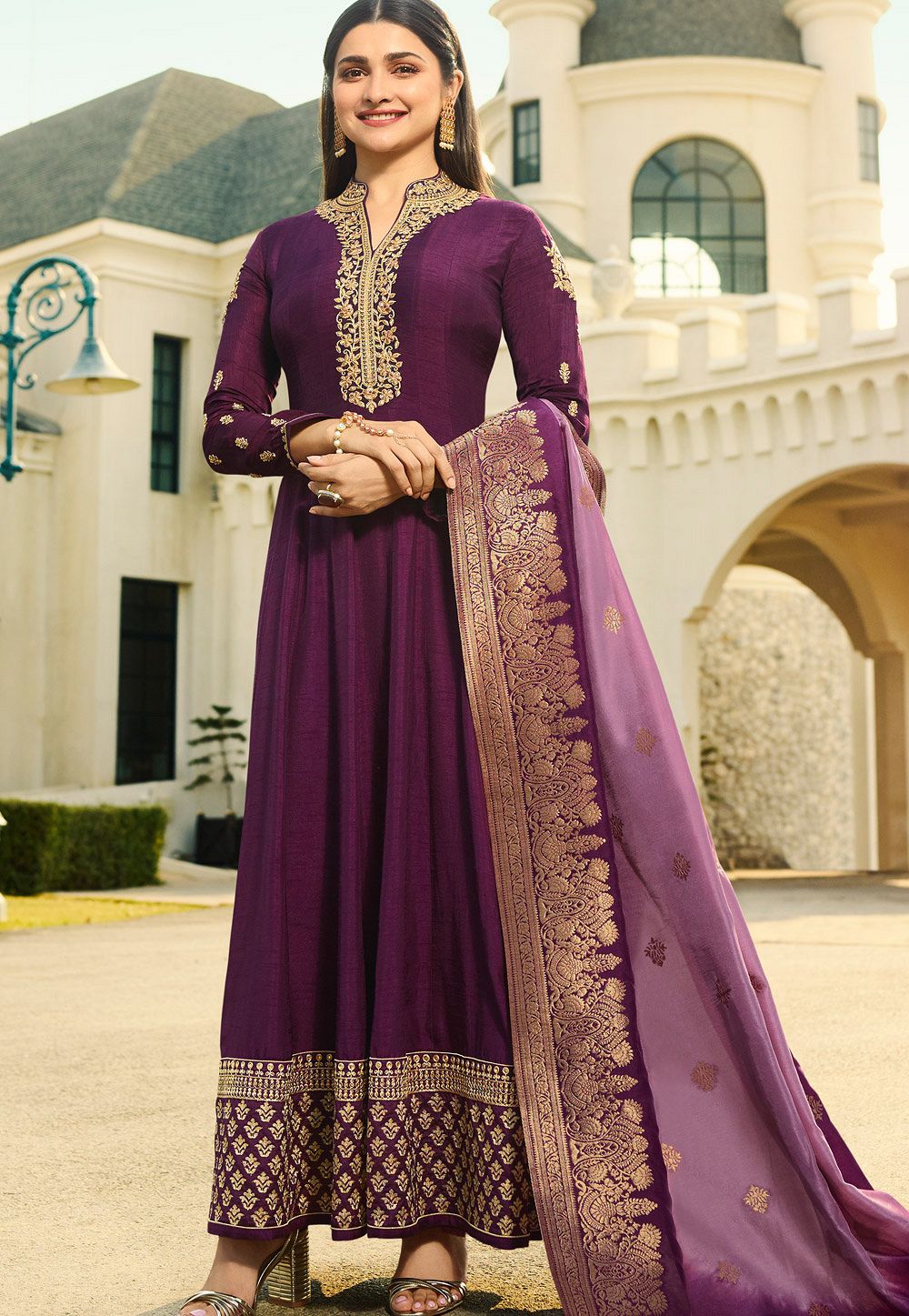 prachi desai purple silk long anarkali suit 10232