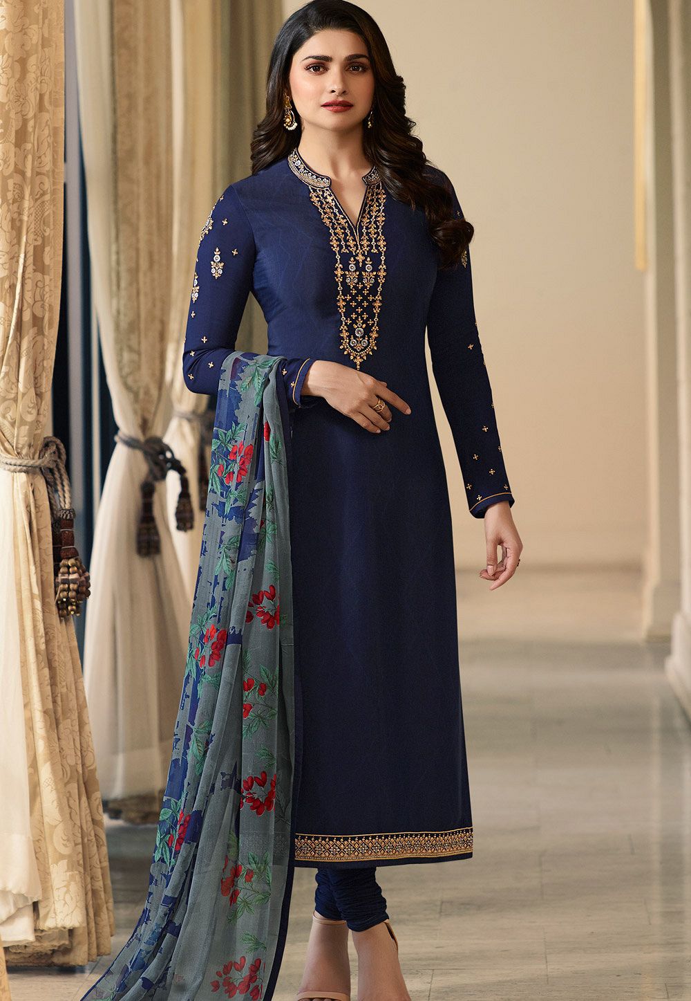 prachi desai royal blue crepe straight churidar bollywood suit 9970